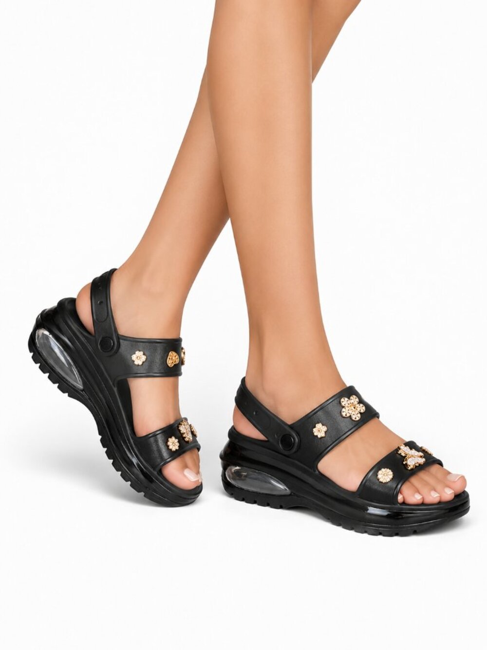 Cape Robbin Women's Black & Gold Charms Comfort Platform Sandals, 11